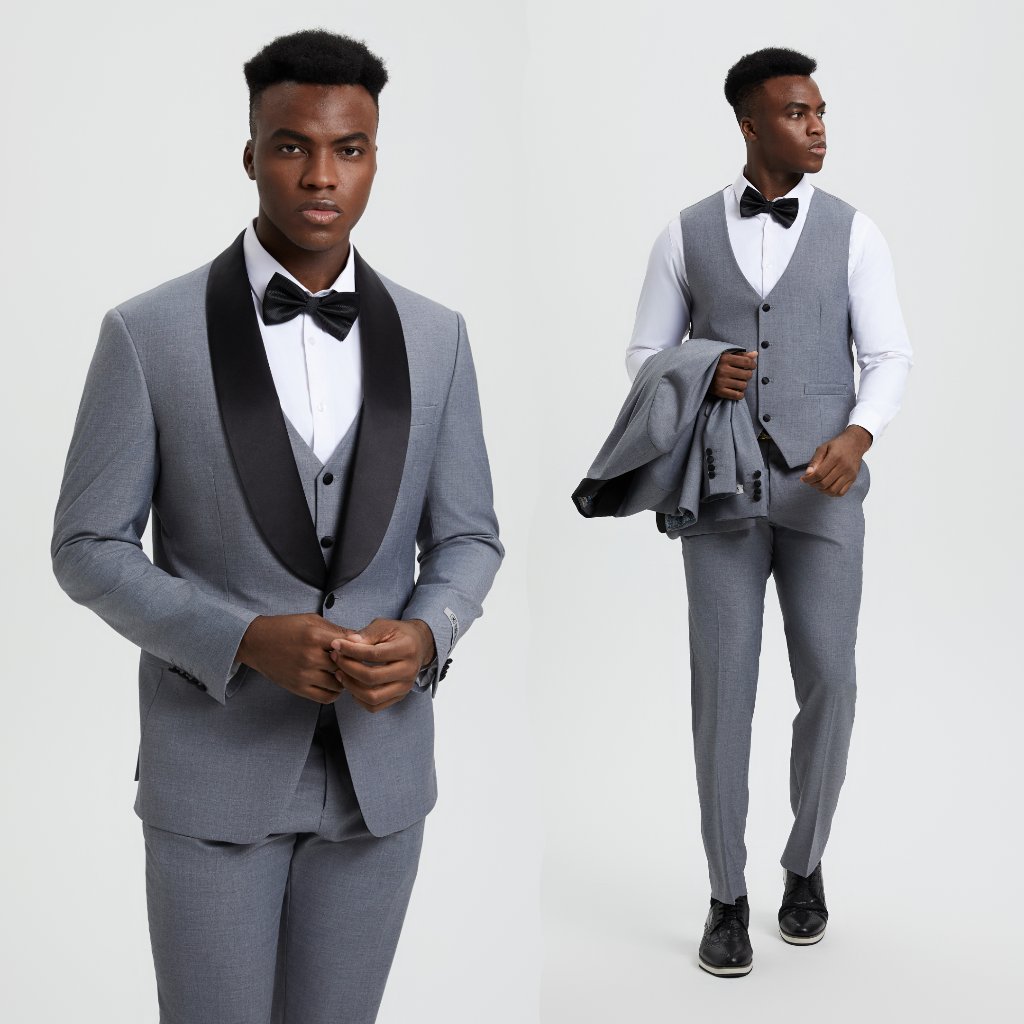 Stacy Adams 3pc Mens Tuxedo Hybrid Fit Shawl Lapel Gray